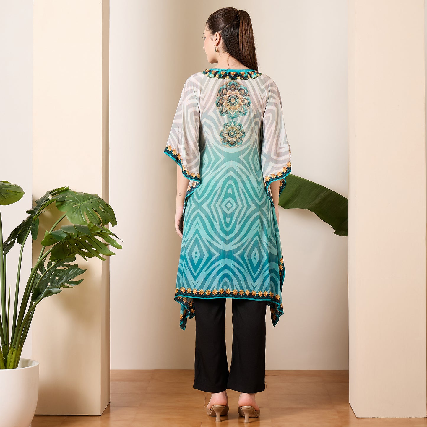 Aqua Blue Tribal Baroque Printed Kaftan Top