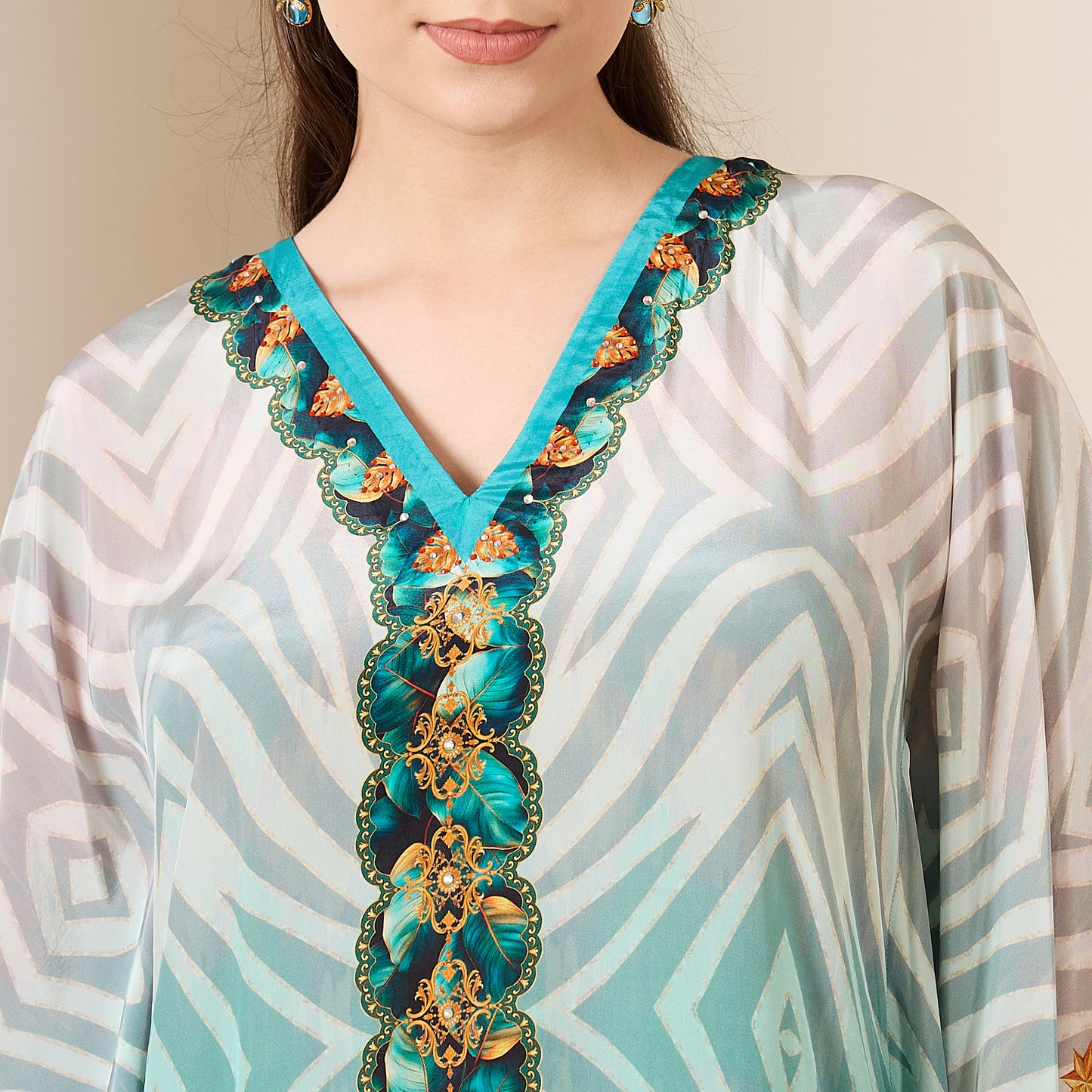 Aqua Blue Tribal Baroque Printed Kaftan Top
