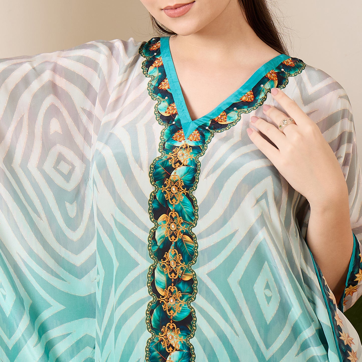 Aqua Blue Tribal Baroque Printed Kaftan Top