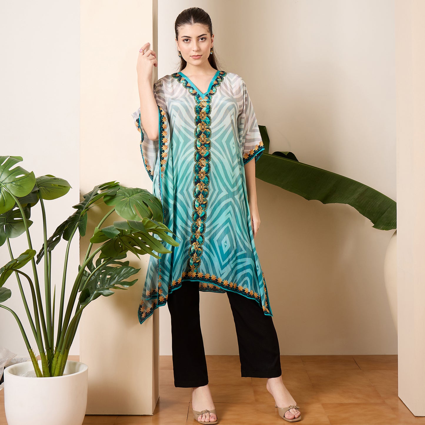 Aqua Blue Tribal Baroque Printed Kaftan Top