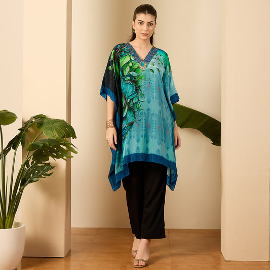 Blue Peacock Mist Hand Embroidered Kaftan