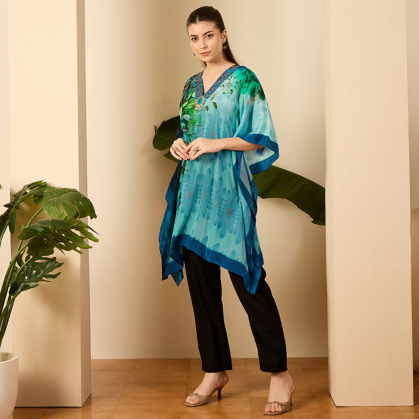 Blue Peacock Mist Hand Embroidered Kaftan