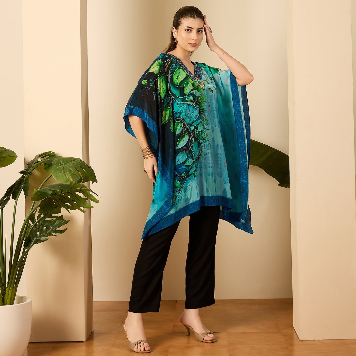Blue Peacock Mist Hand Embroidered Kaftan
