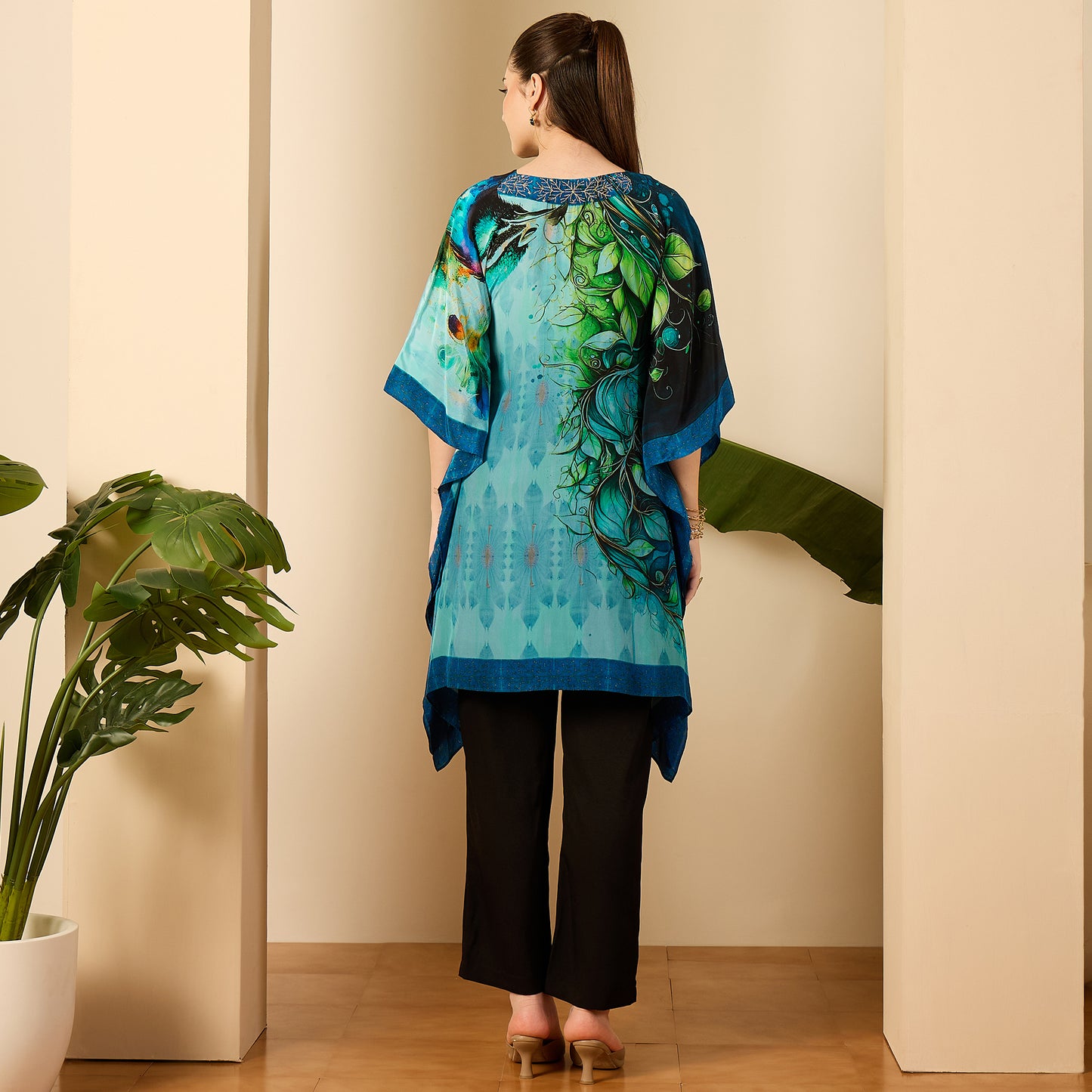 Blue Peacock Mist Hand Embroidered Kaftan