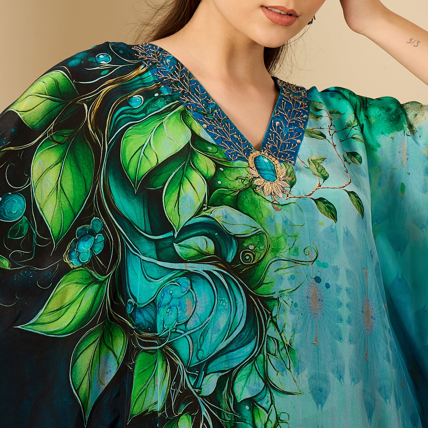 Blue Peacock Mist Hand Embroidered Kaftan