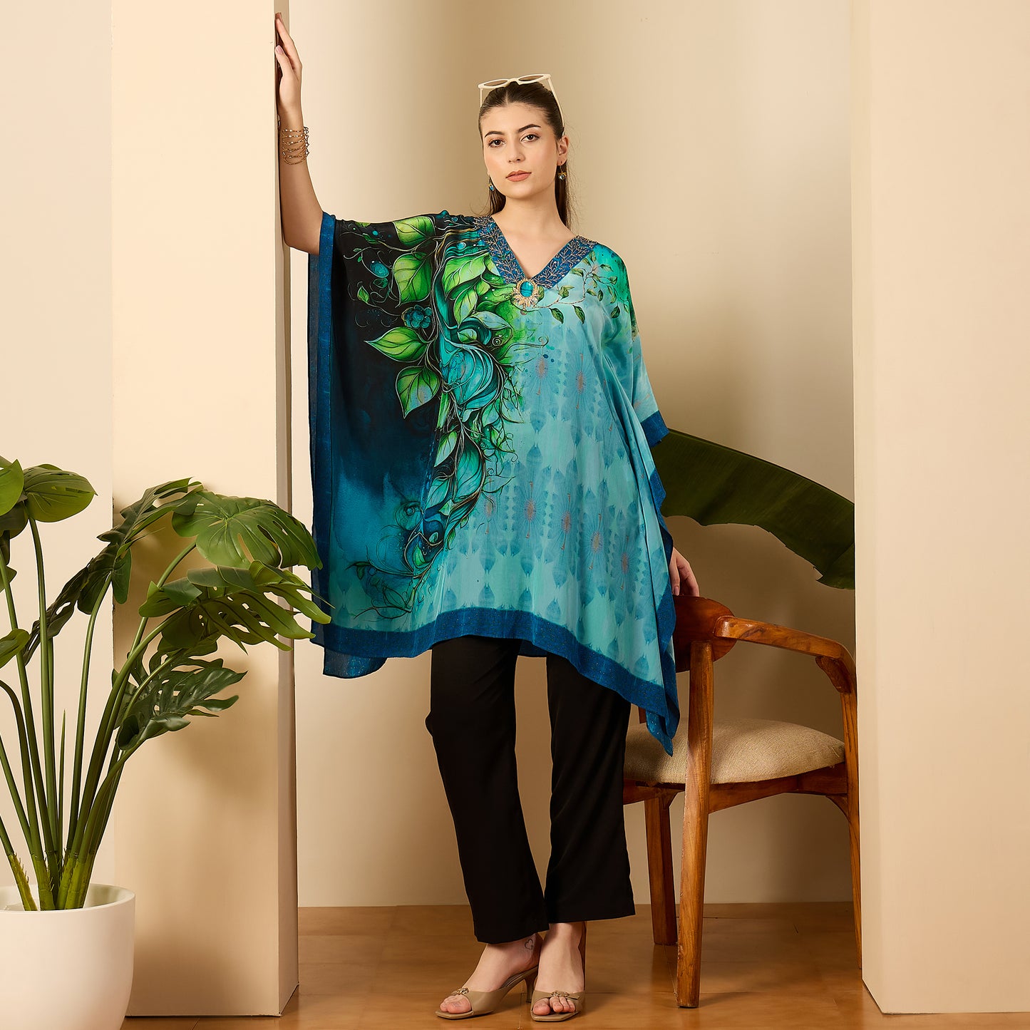 Blue Peacock Mist Hand Embroidered Kaftan