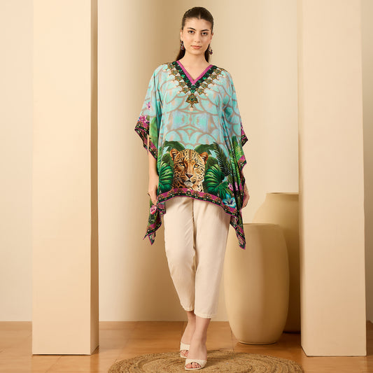 Yellow and Green Leopard Print Kaftan
