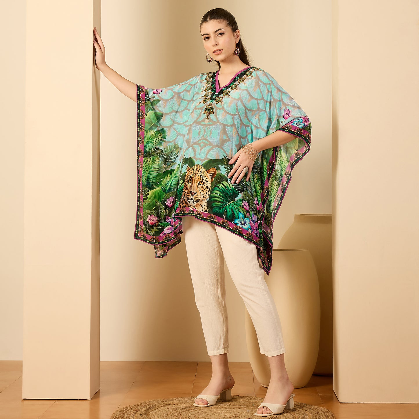 Yellow and Green Leopard Print Kaftan