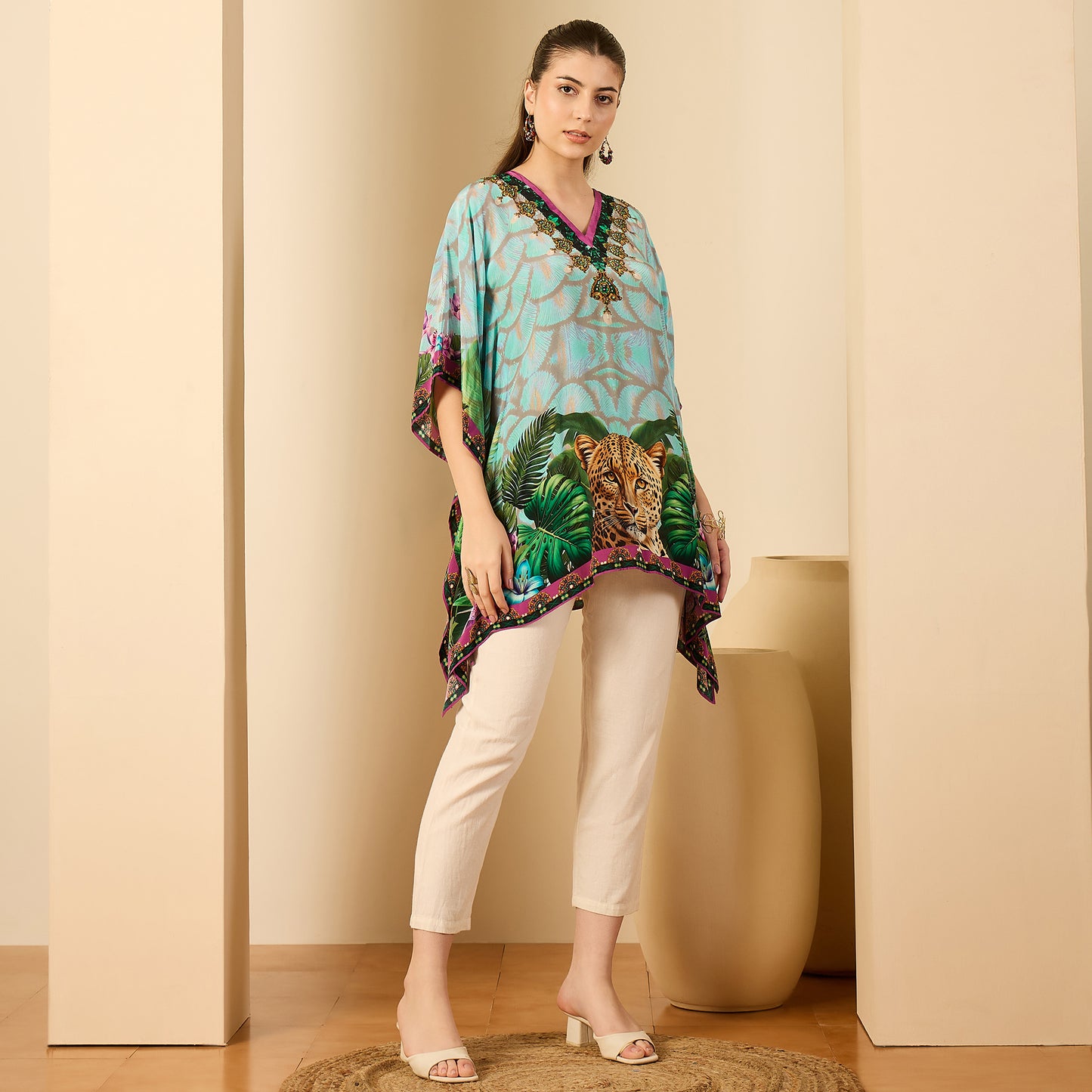 Yellow and Green Leopard Print Kaftan