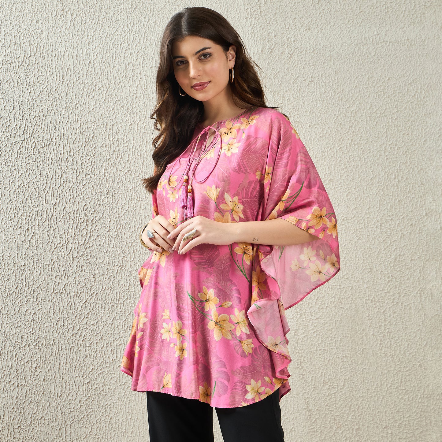 Pink and Yellow Floral Kaftan Top