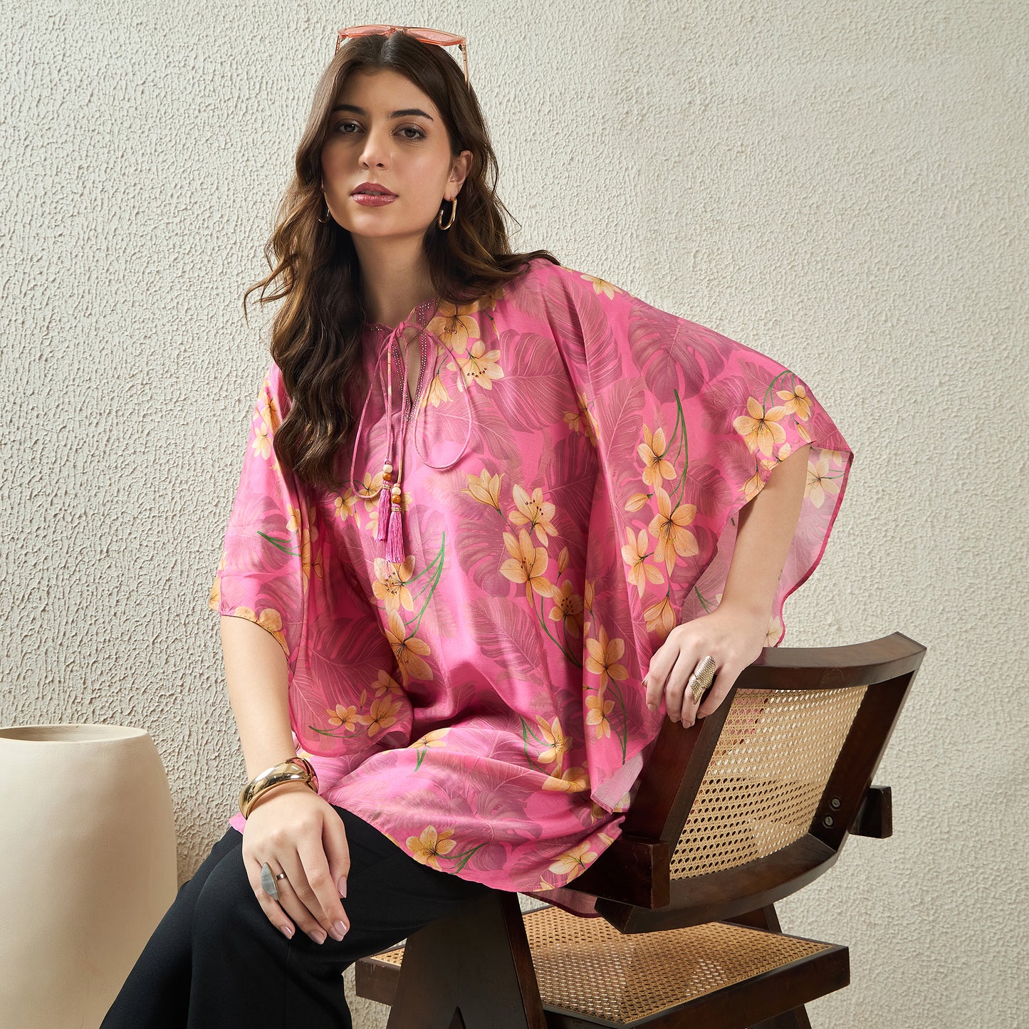 Pink and Yellow Floral Kaftan Top