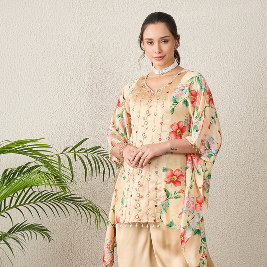 Beige Hand Embroidered Top with Floral Print