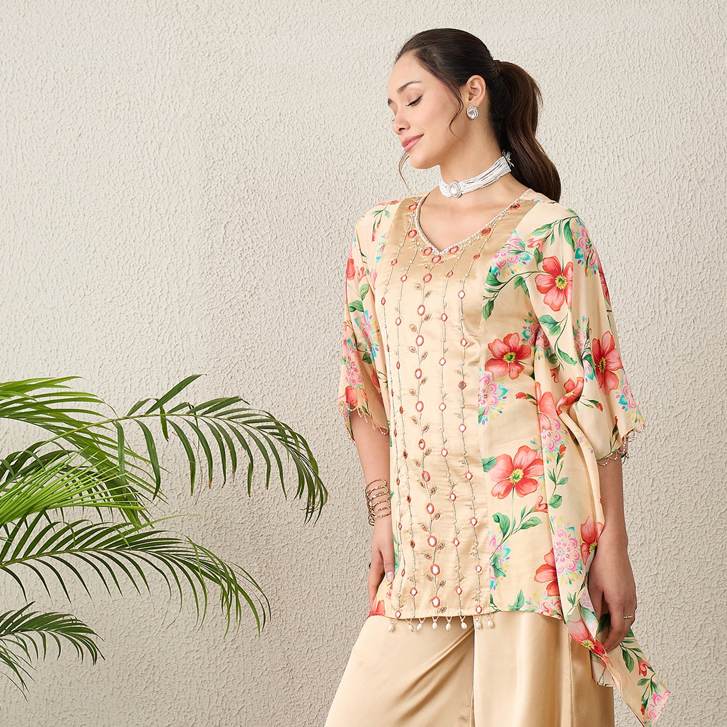 Beige Hand Embroidered Top with Floral Print