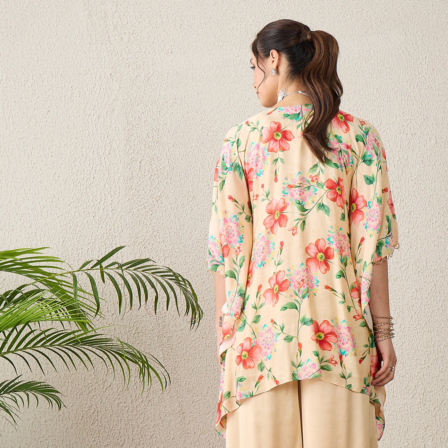 Beige Hand Embroidered Top with Floral Print