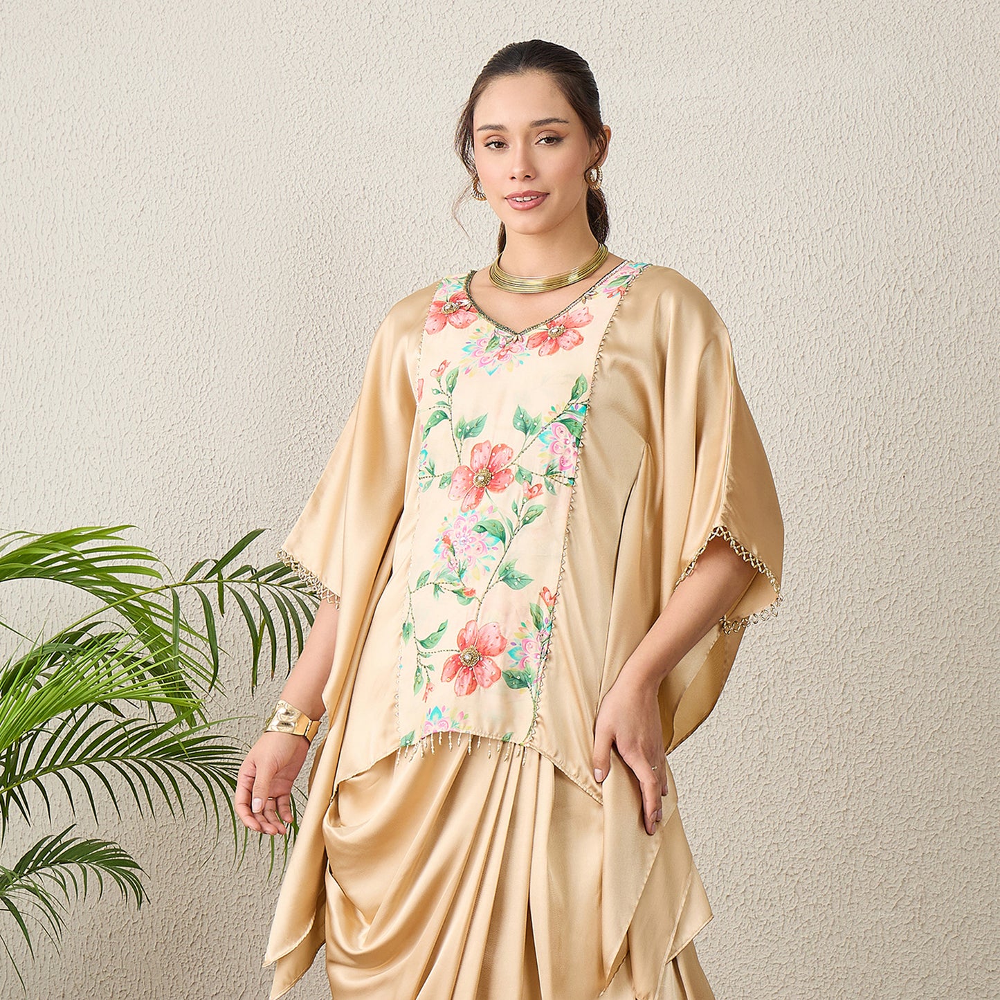 Beige Floral Print Kaftan Top with Golden Embroidery