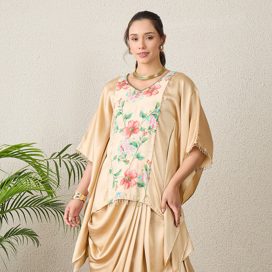Beige Floral Print Kaftan Top with Golden Embroidery