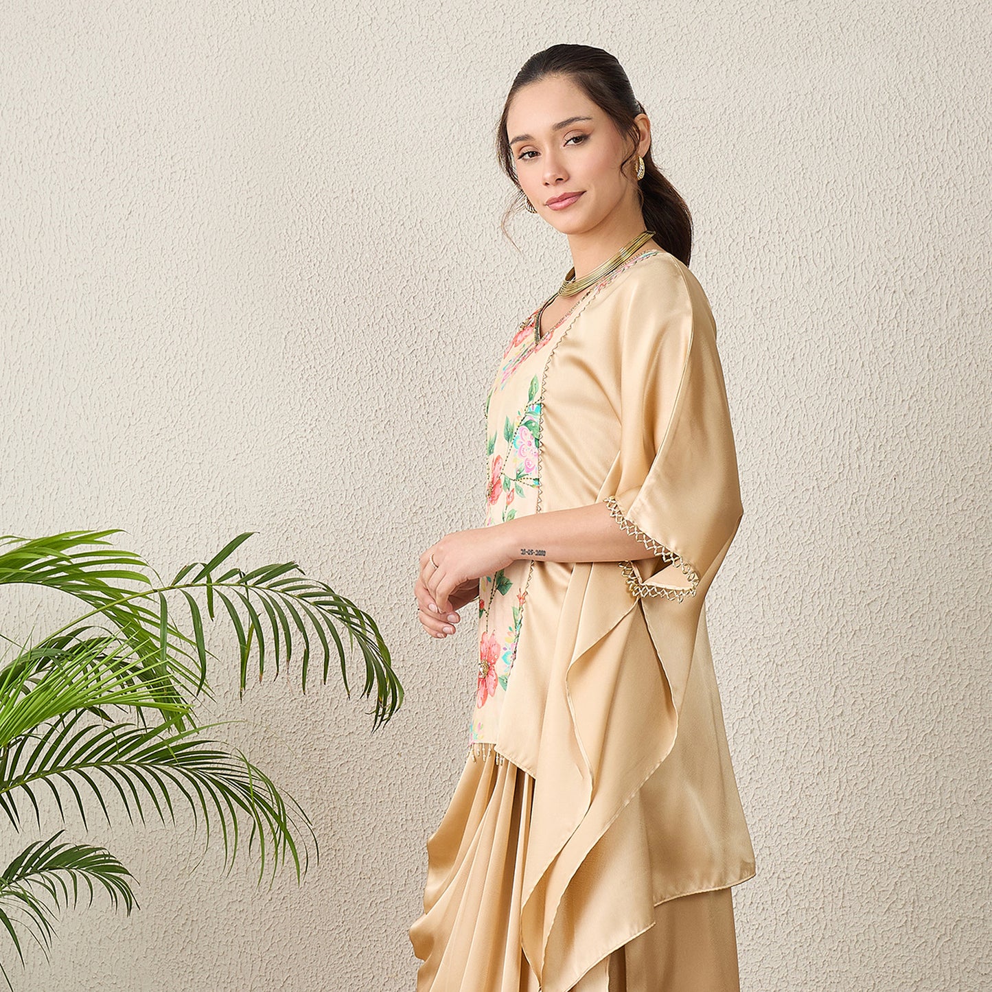 Beige Floral Print Kaftan Top with Golden Embroidery