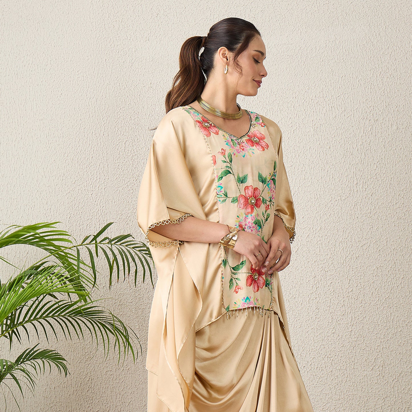 Beige Floral Print Kaftan Top with Golden Embroidery