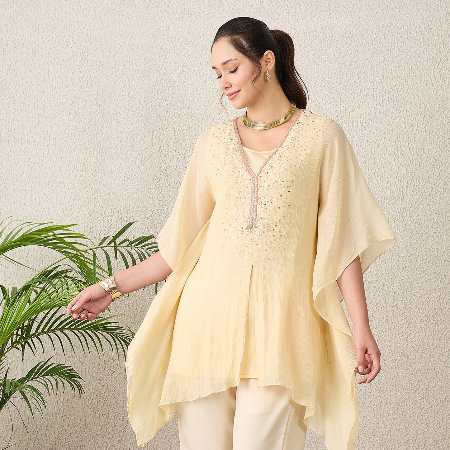Cream Scattered Sequin Kaftan Top