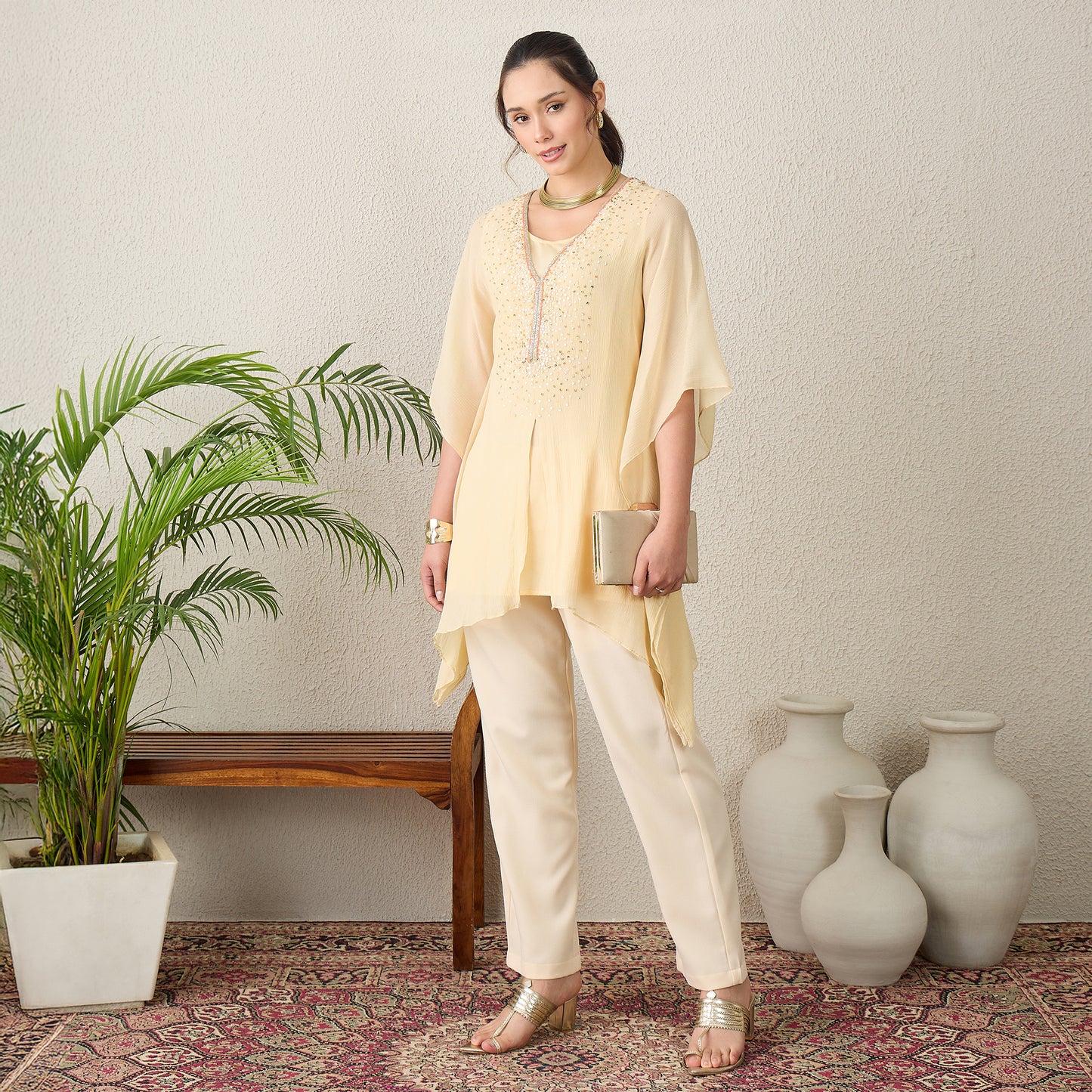 Cream Scattered Sequin Kaftan Top