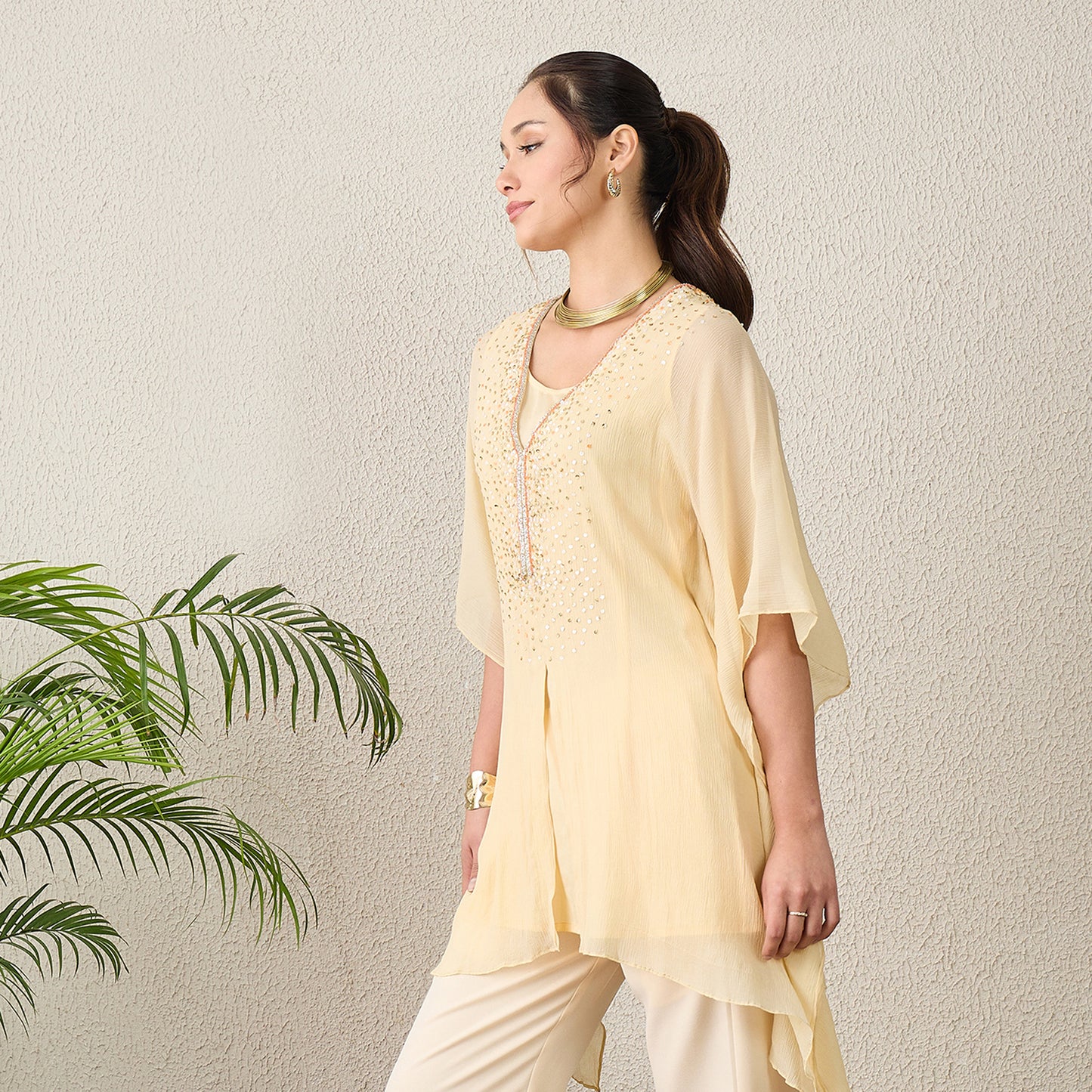 Cream Scattered Sequin Kaftan Top