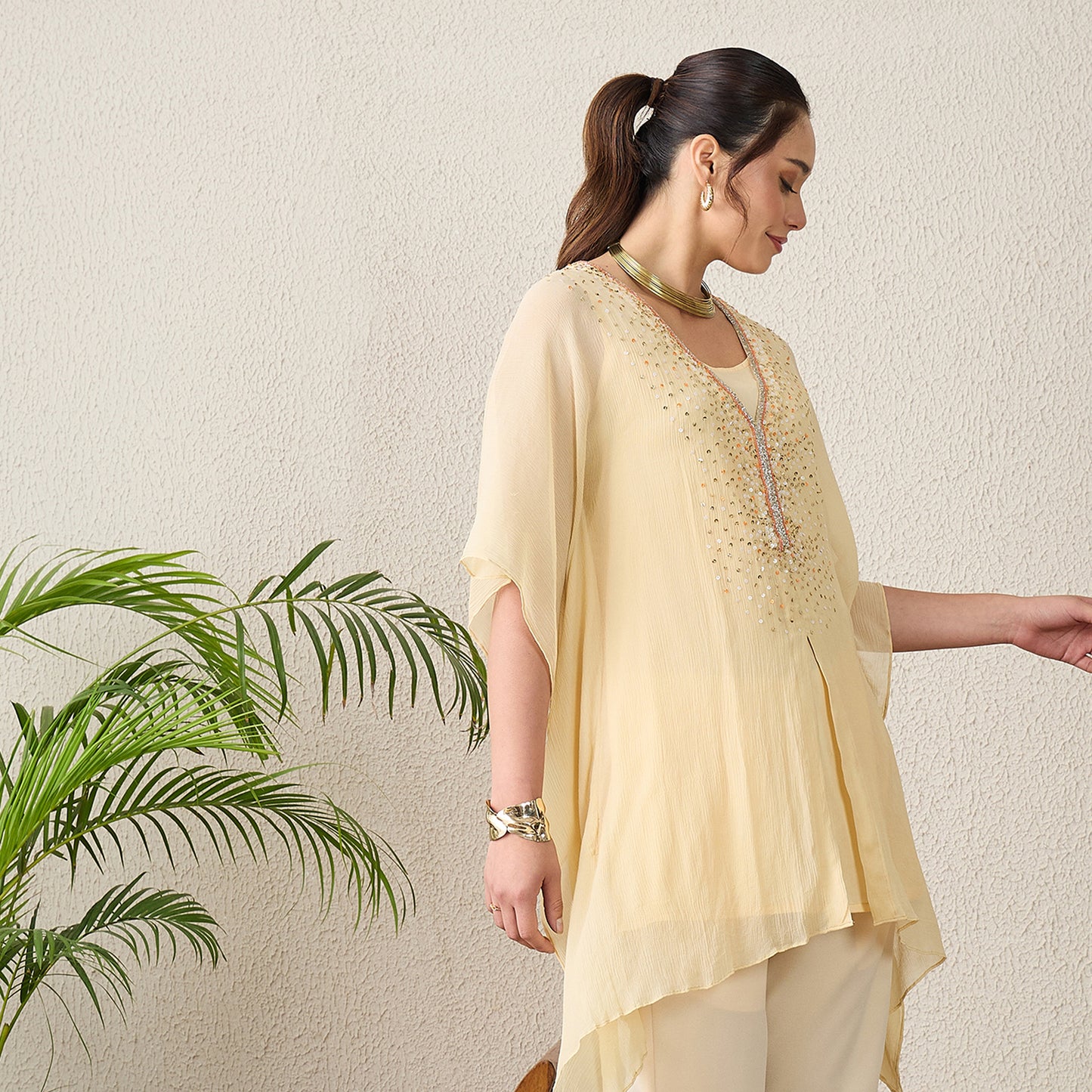 Cream Scattered Sequin Kaftan Top