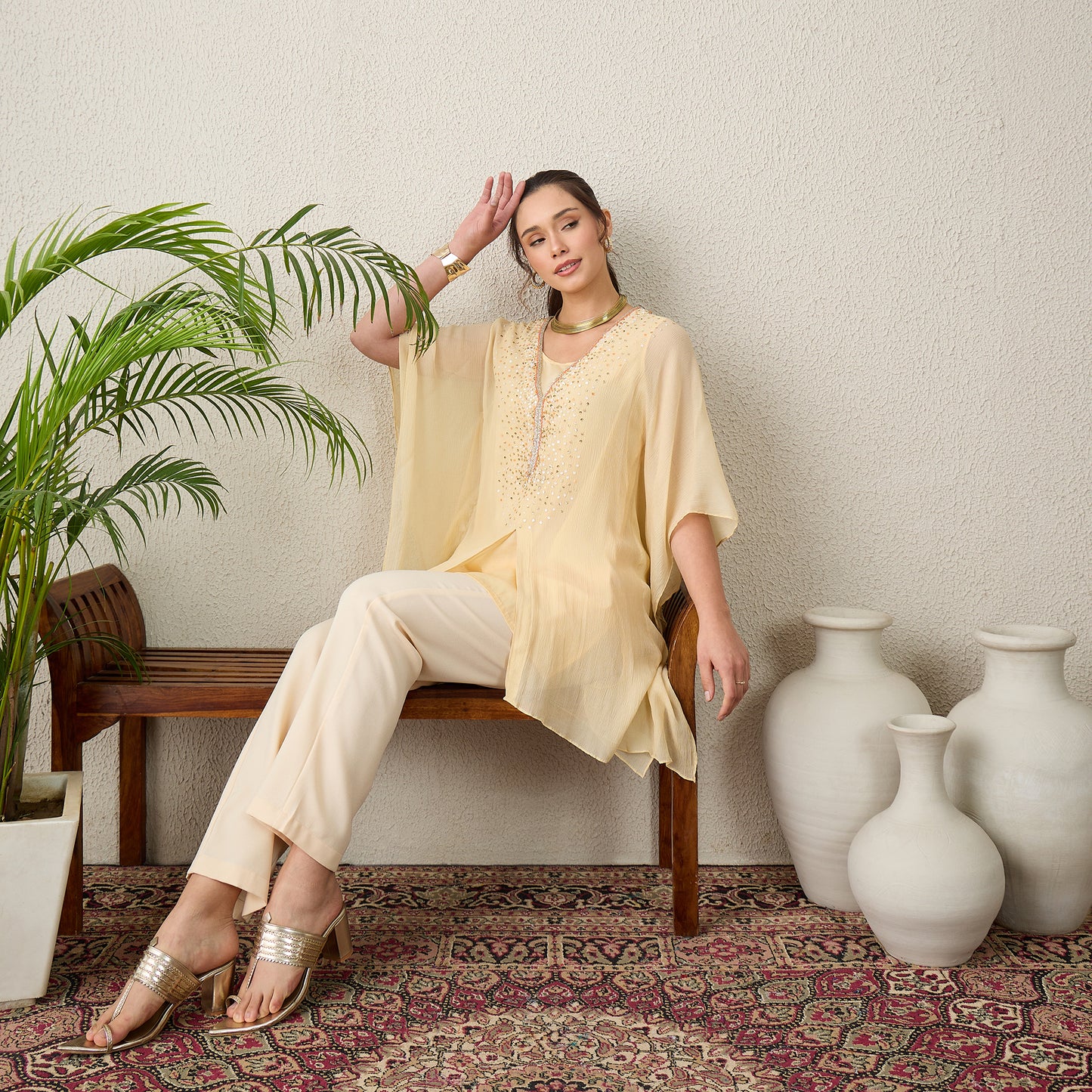 Cream Scattered Sequin Kaftan Top