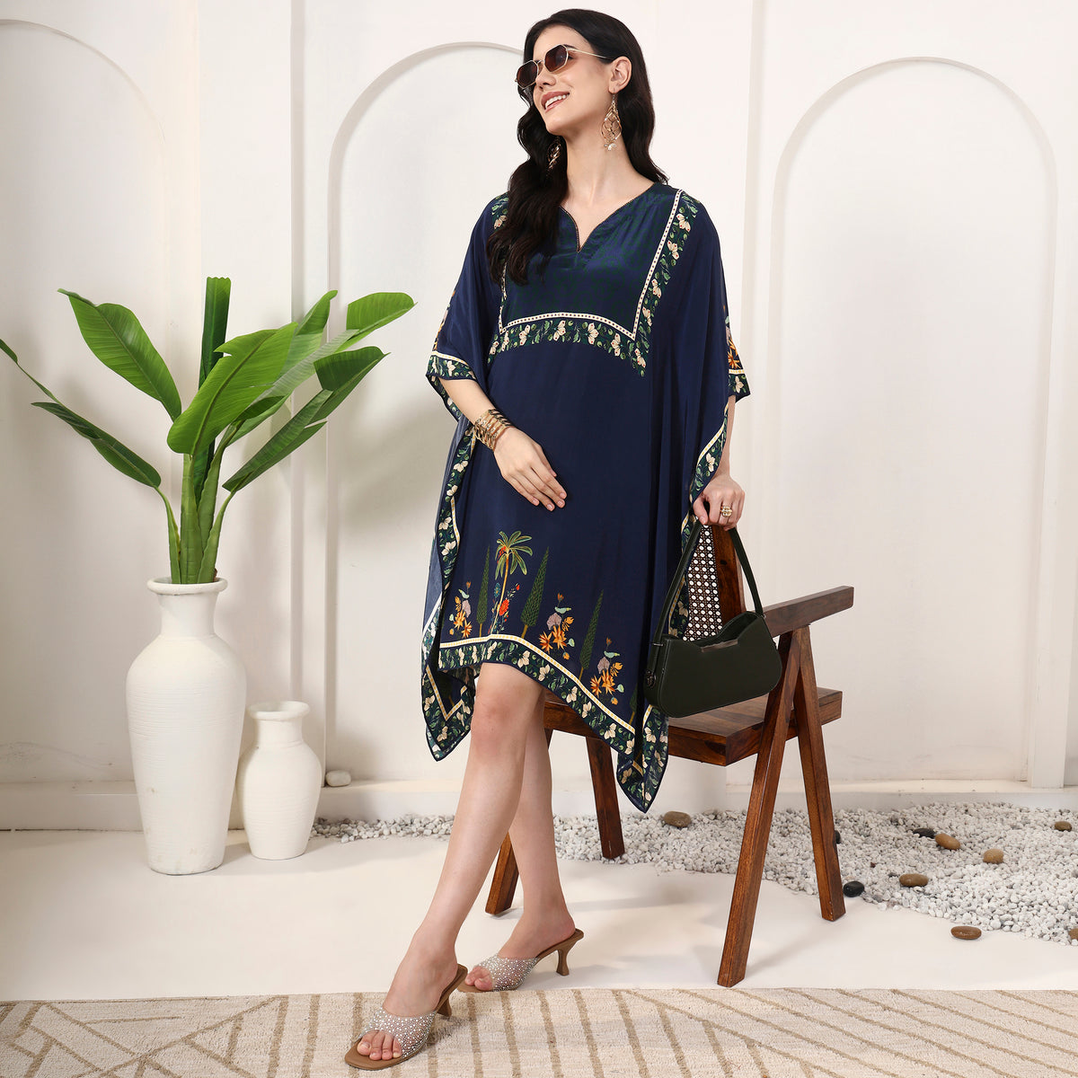Blue Floral Print Kaftan for Women – Viscose Crepe – Front View | First Resort by Ramola Bachchan