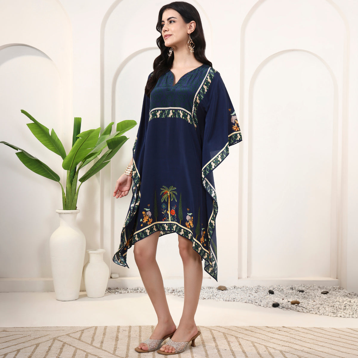 Blue Floral Print Kaftan for Women – Viscose Crepe – Model View | First Resort by Ramola Bachchan