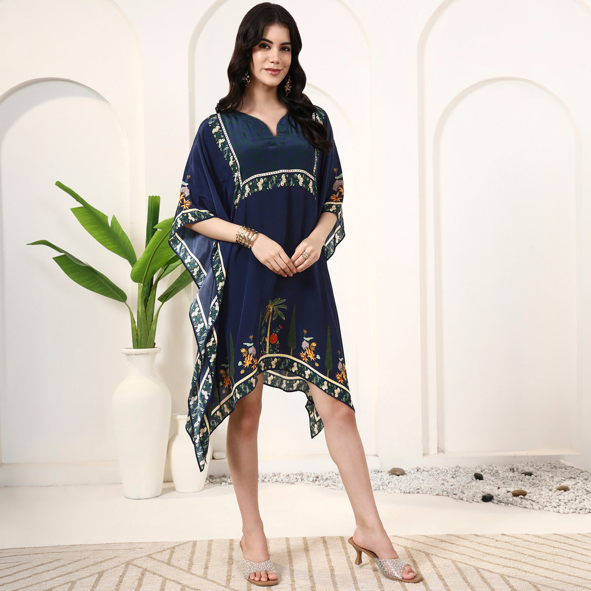 Blue Floral Print Kaftan for Women – Viscose Crepe – Side View | First Resort by Ramola Bachchan