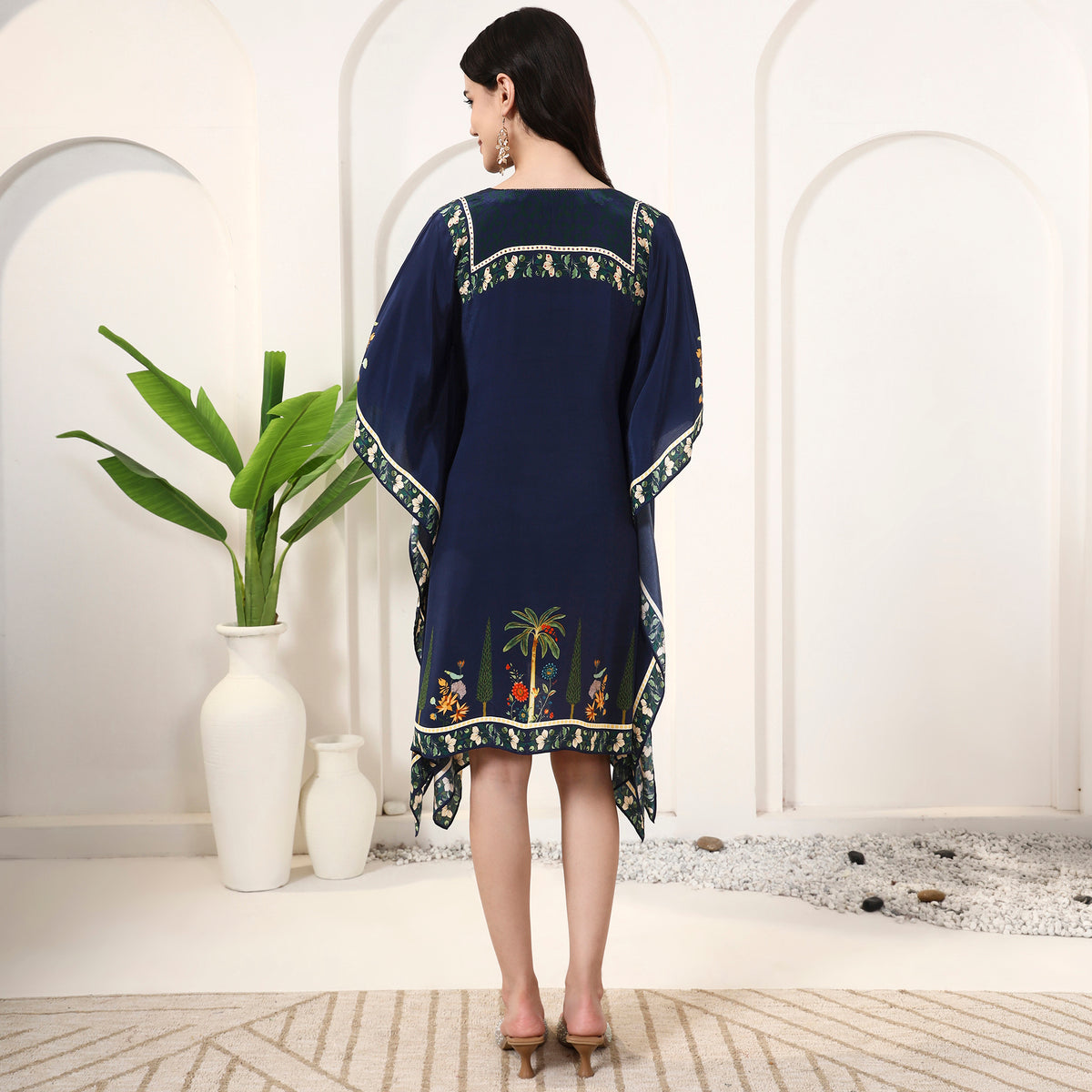 Blue Floral Print Kaftan for Women – Viscose Crepe – Detail View | First Resort by Ramola Bachchan