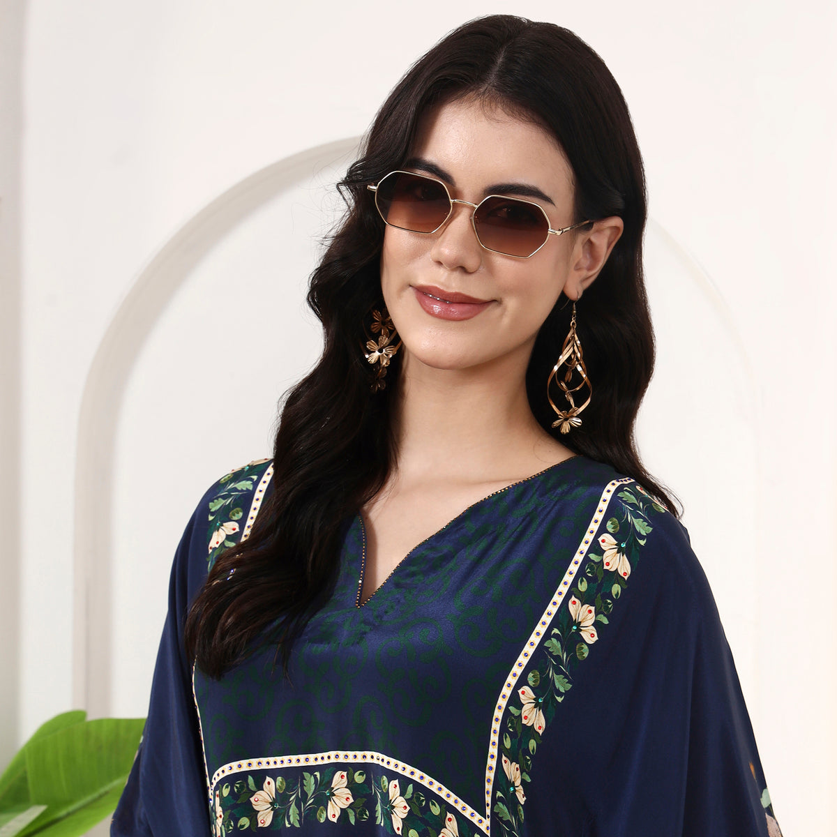 Blue Floral Print Kaftan for Women – Viscose Crepe – Back View | First Resort by Ramola Bachchan