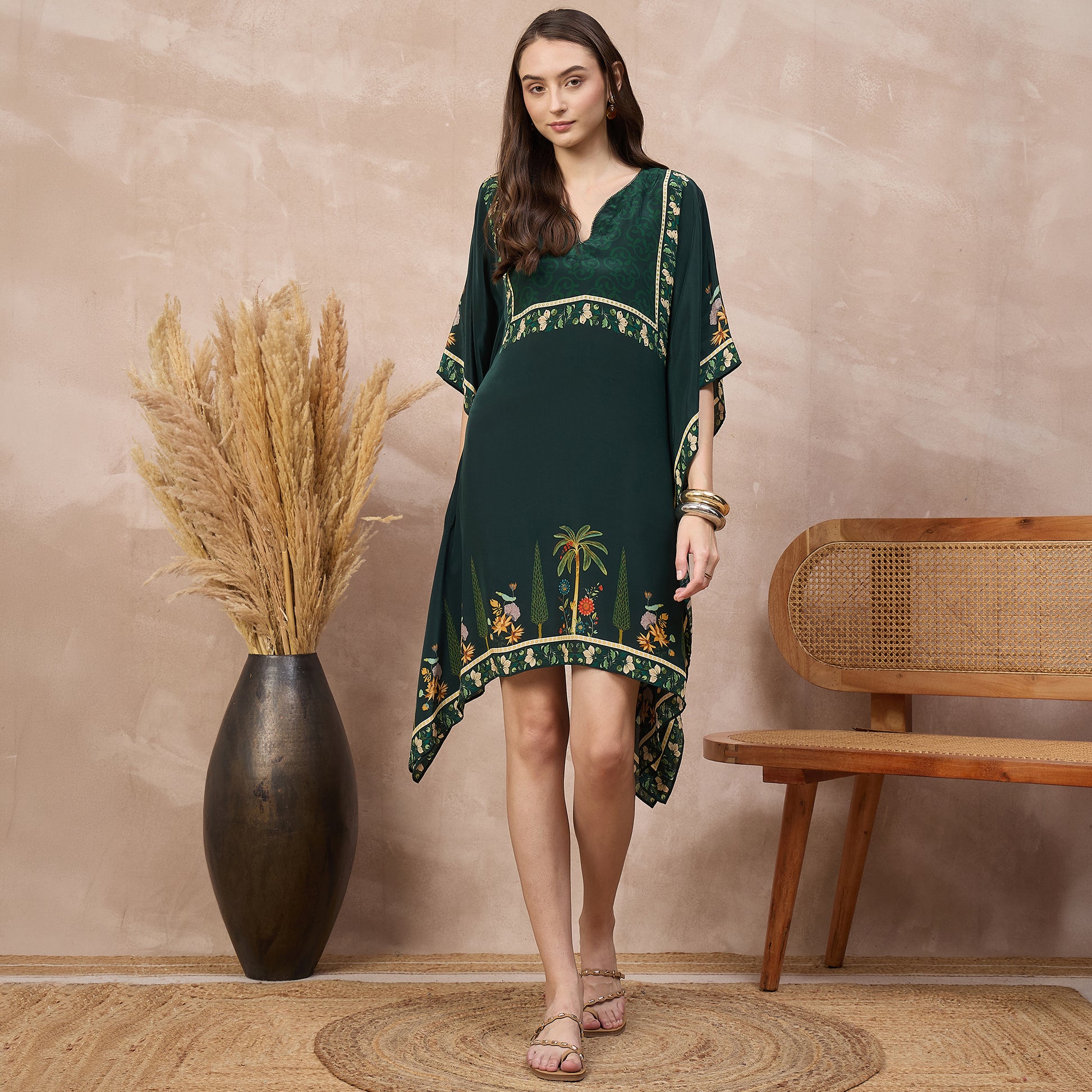Green Floral Print Kaftan for Women – Viscose Crepe | First Resort by Ramola Bachchan