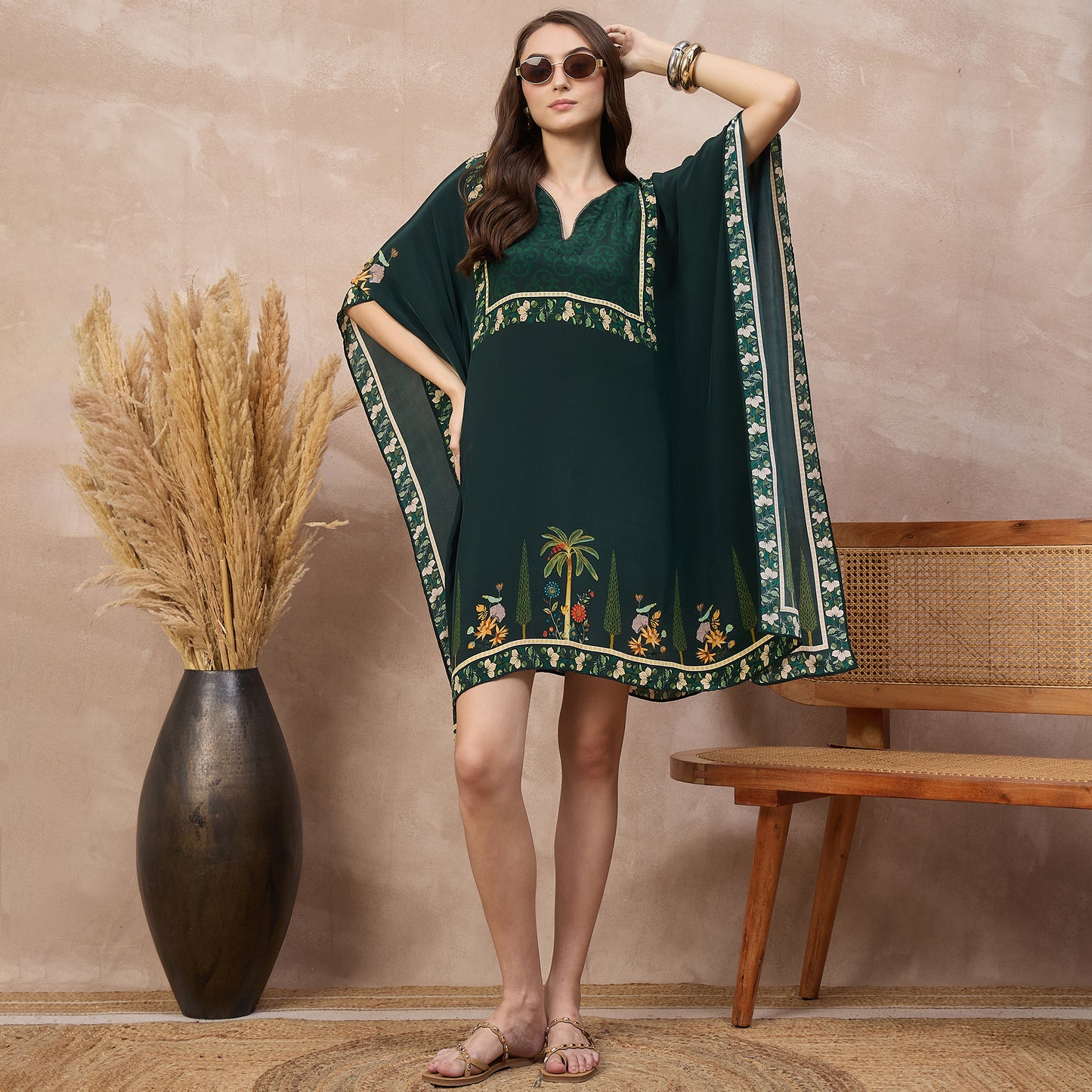 Green Floral Print Kaftan for Women – Viscose Crepe – Front View | First Resort by Ramola Bachchan