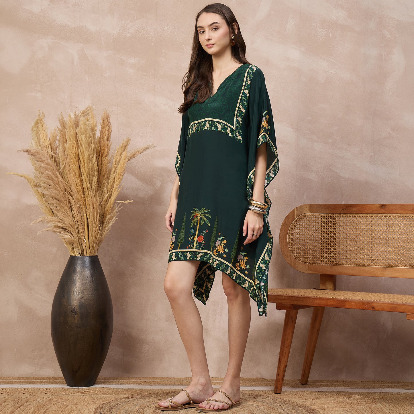 Green Floral Print Kaftan for Women – Viscose Crepe – Model View | First Resort by Ramola Bachchan