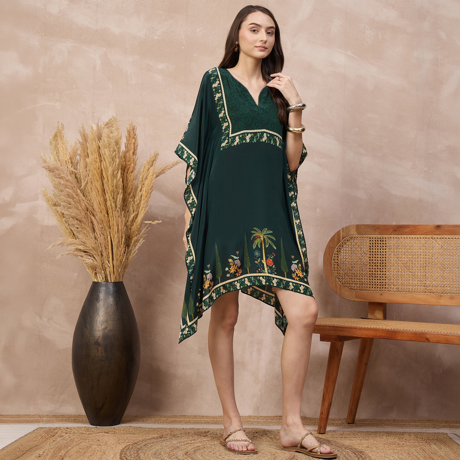 Green Floral Print Kaftan for Women – Viscose Crepe – Side View | First Resort by Ramola Bachchan