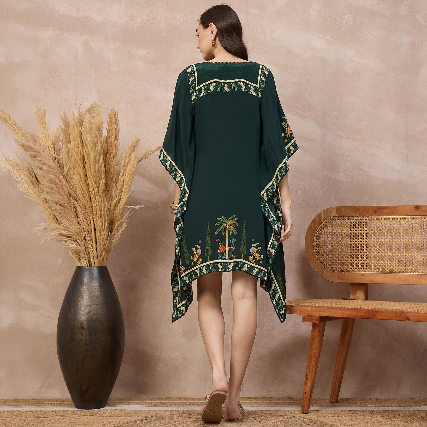 Green Floral Print Kaftan for Women – Viscose Crepe – Detail View | First Resort by Ramola Bachchan