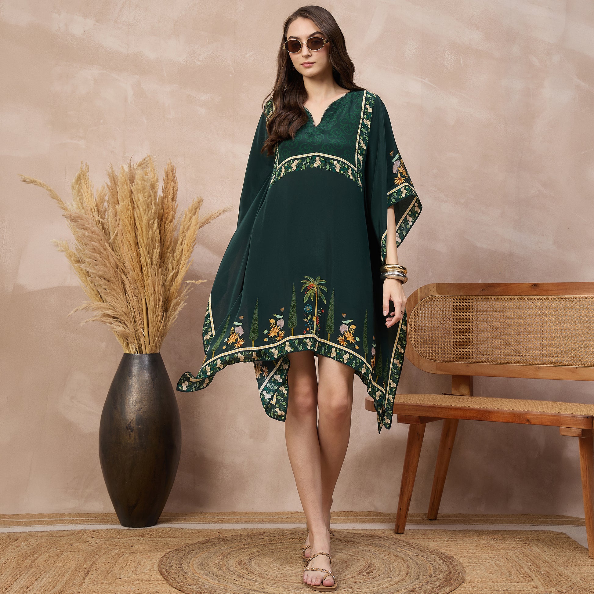 Green Floral Print Kaftan for Women – Viscose Crepe – Back View | First Resort by Ramola Bachchan