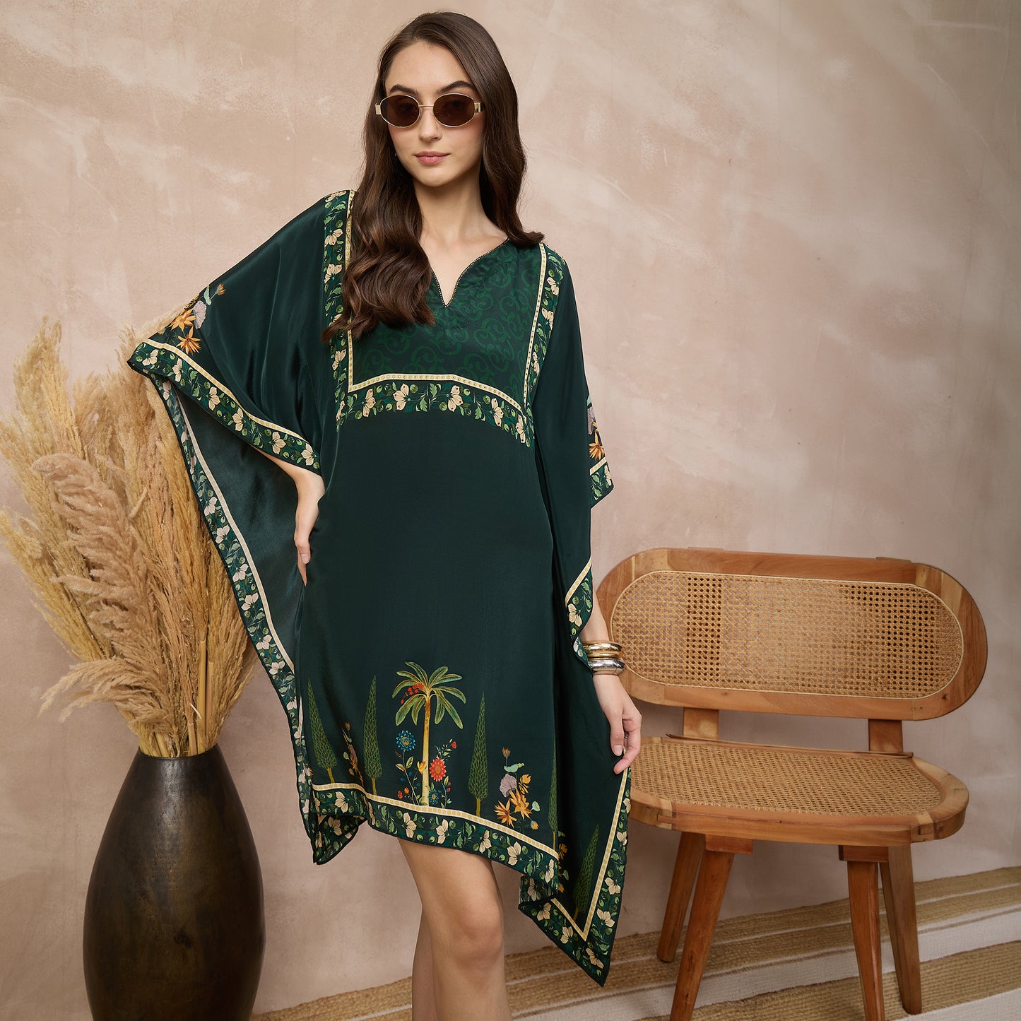Green Floral Print Kaftan for Women – Viscose Crepe – Close Up | First Resort by Ramola Bachchan