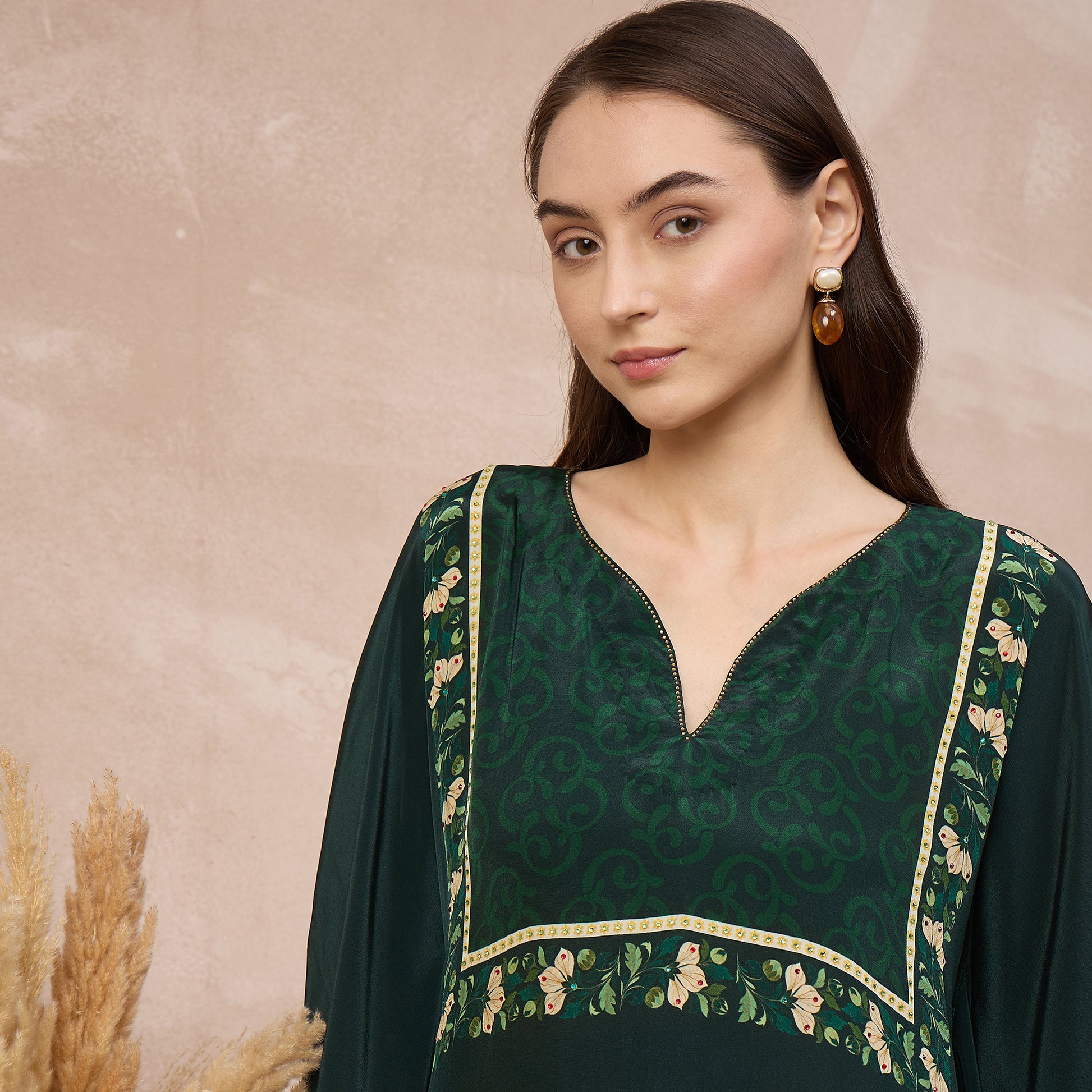 Green Floral Print Kaftan for Women – Viscose Crepe | First Resort by Ramola Bachchan
