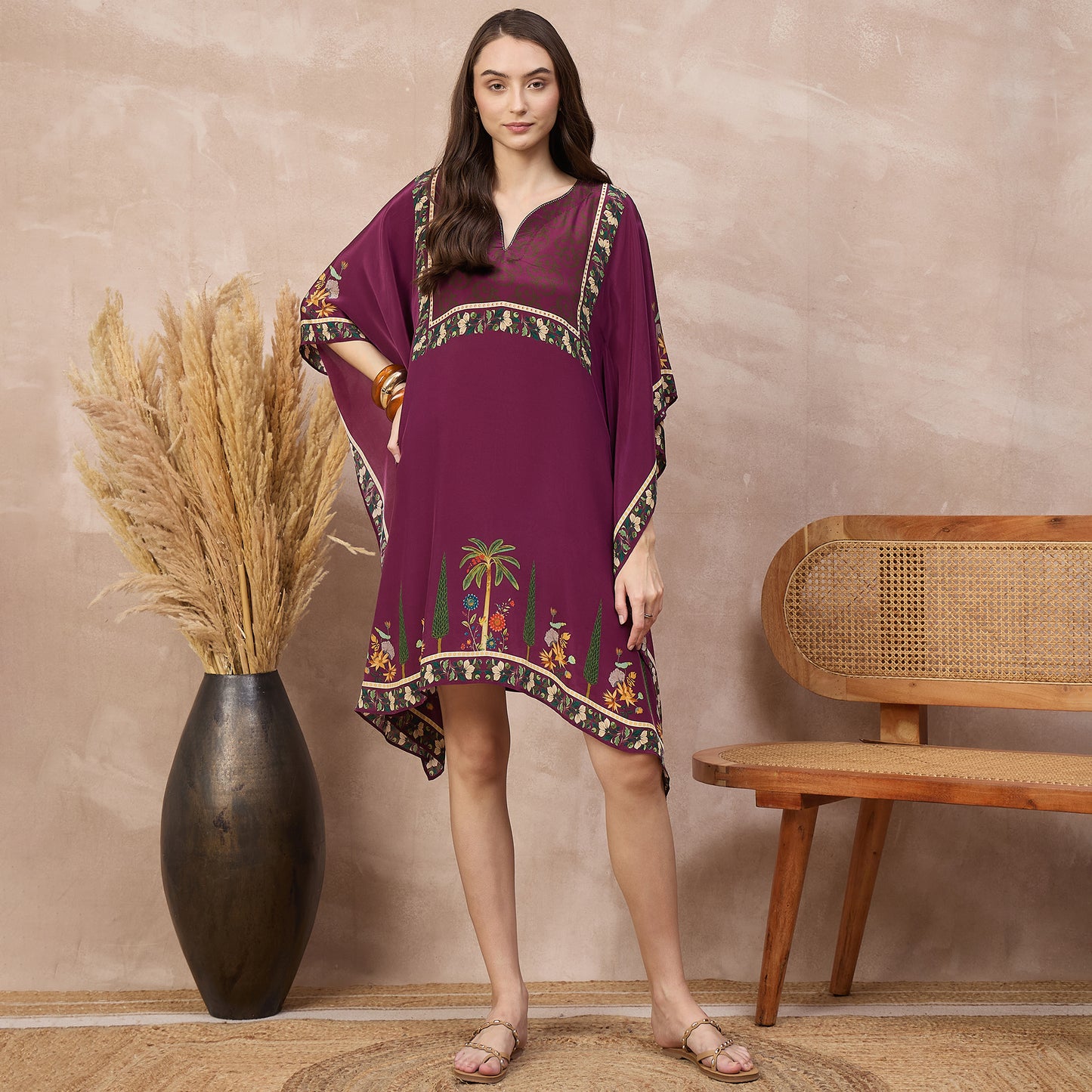 Magenta Floral Print Kaftan for Women – Viscose Crepe | First Resort by Ramola Bachchan