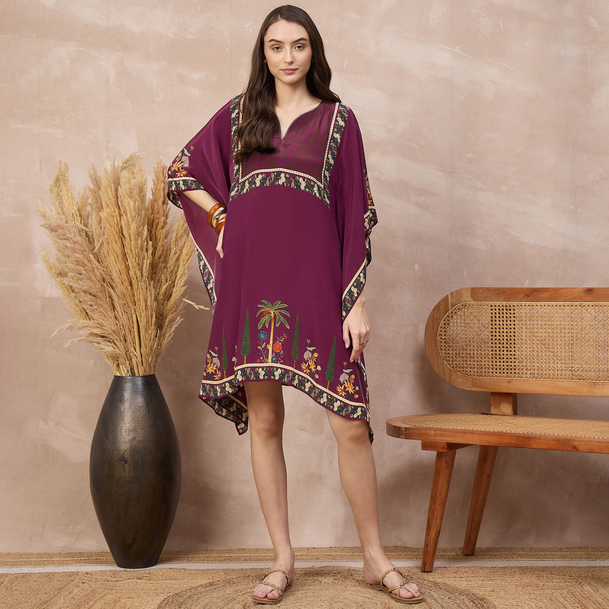 Magenta Floral Print Kaftan for Women – Viscose Crepe | First Resort by Ramola Bachchan