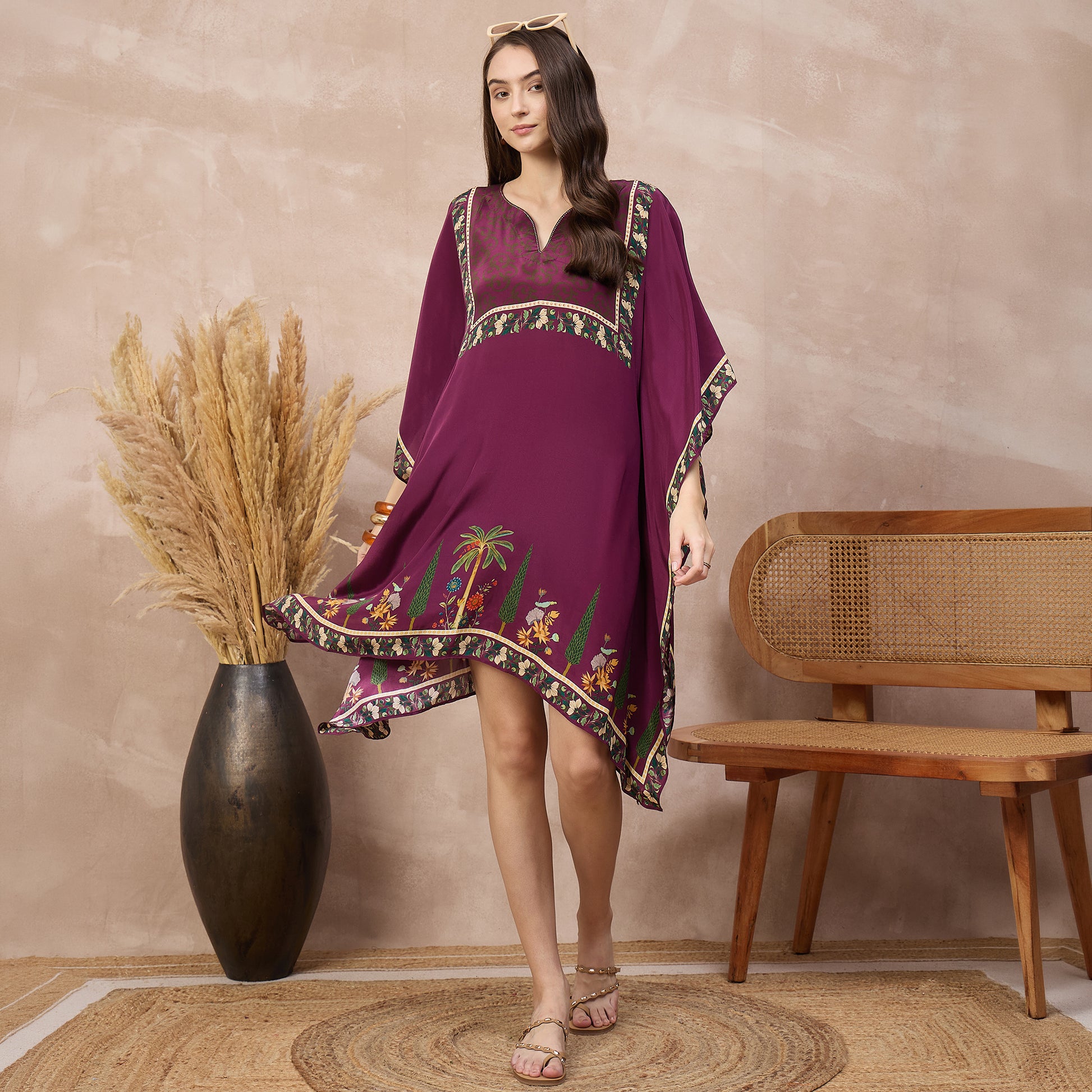 Magenta Floral Print Kaftan for Women – Viscose Crepe – Front View | First Resort by Ramola Bachchan