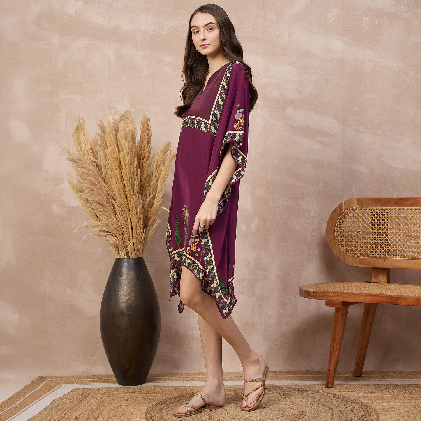 Magenta Floral Print Kaftan for Women – Viscose Crepe – Model View | First Resort by Ramola Bachchan