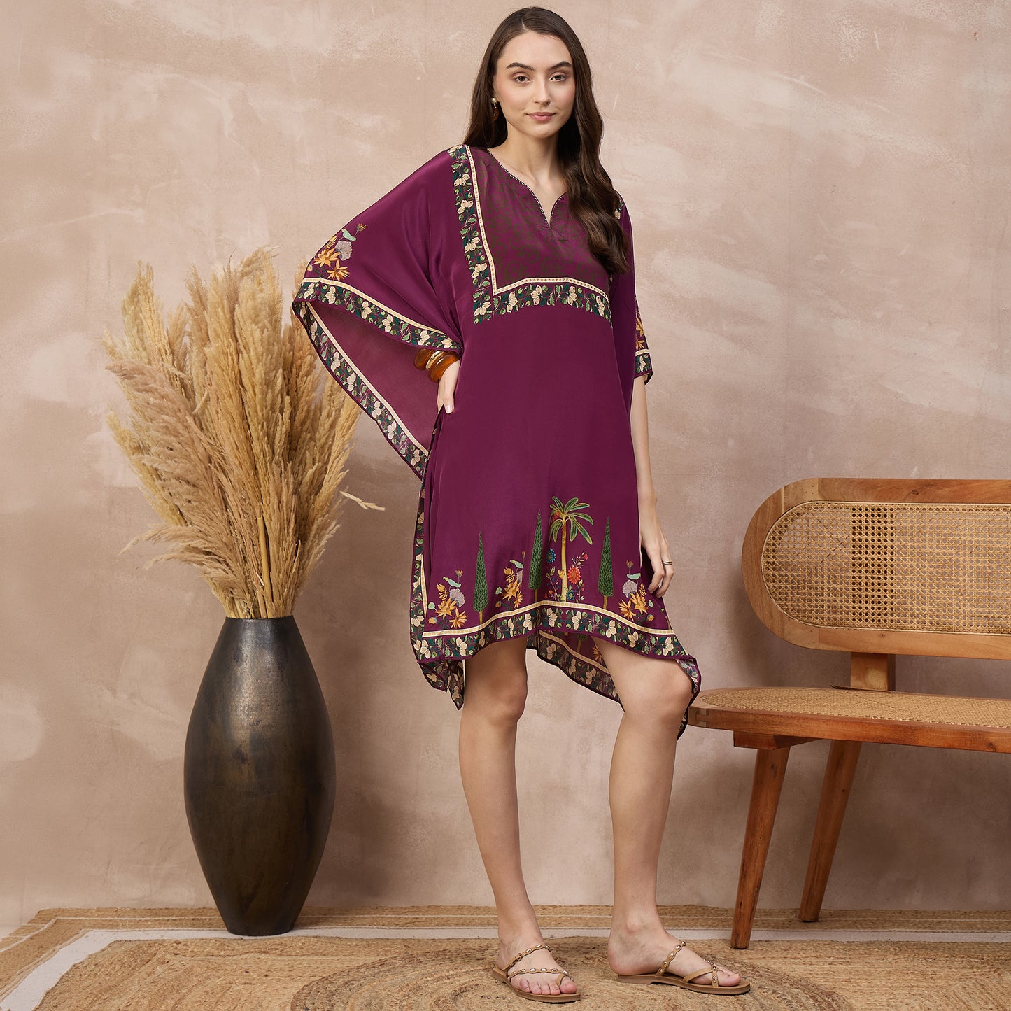 Magenta Floral Print Kaftan for Women – Viscose Crepe – Side View | First Resort by Ramola Bachchan