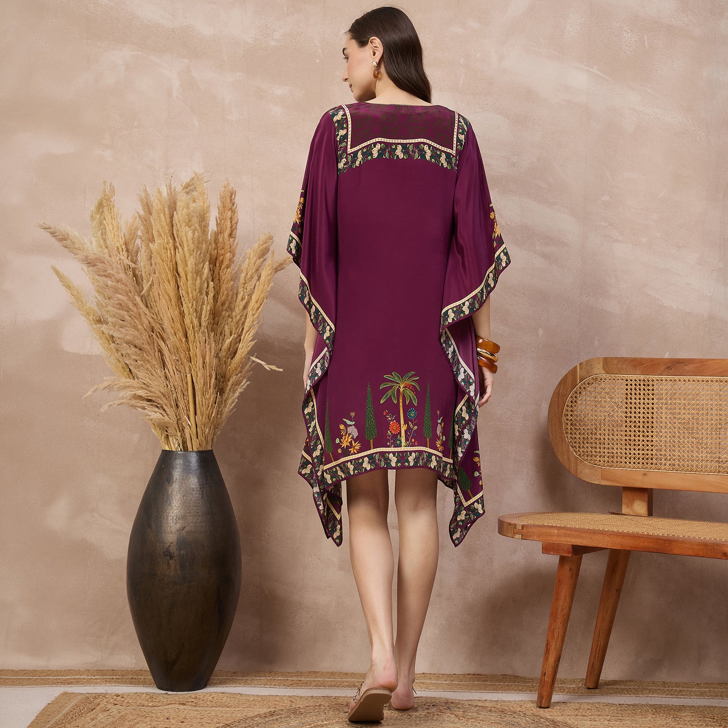 Magenta Floral Print Kaftan for Women – Viscose Crepe – Detail View | First Resort by Ramola Bachchan