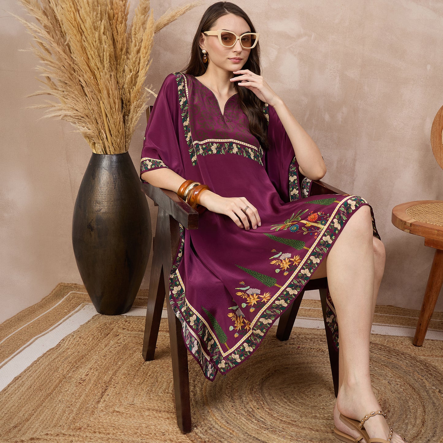 Magenta Floral Print Kaftan for Women – Viscose Crepe – Back View | First Resort by Ramola Bachchan