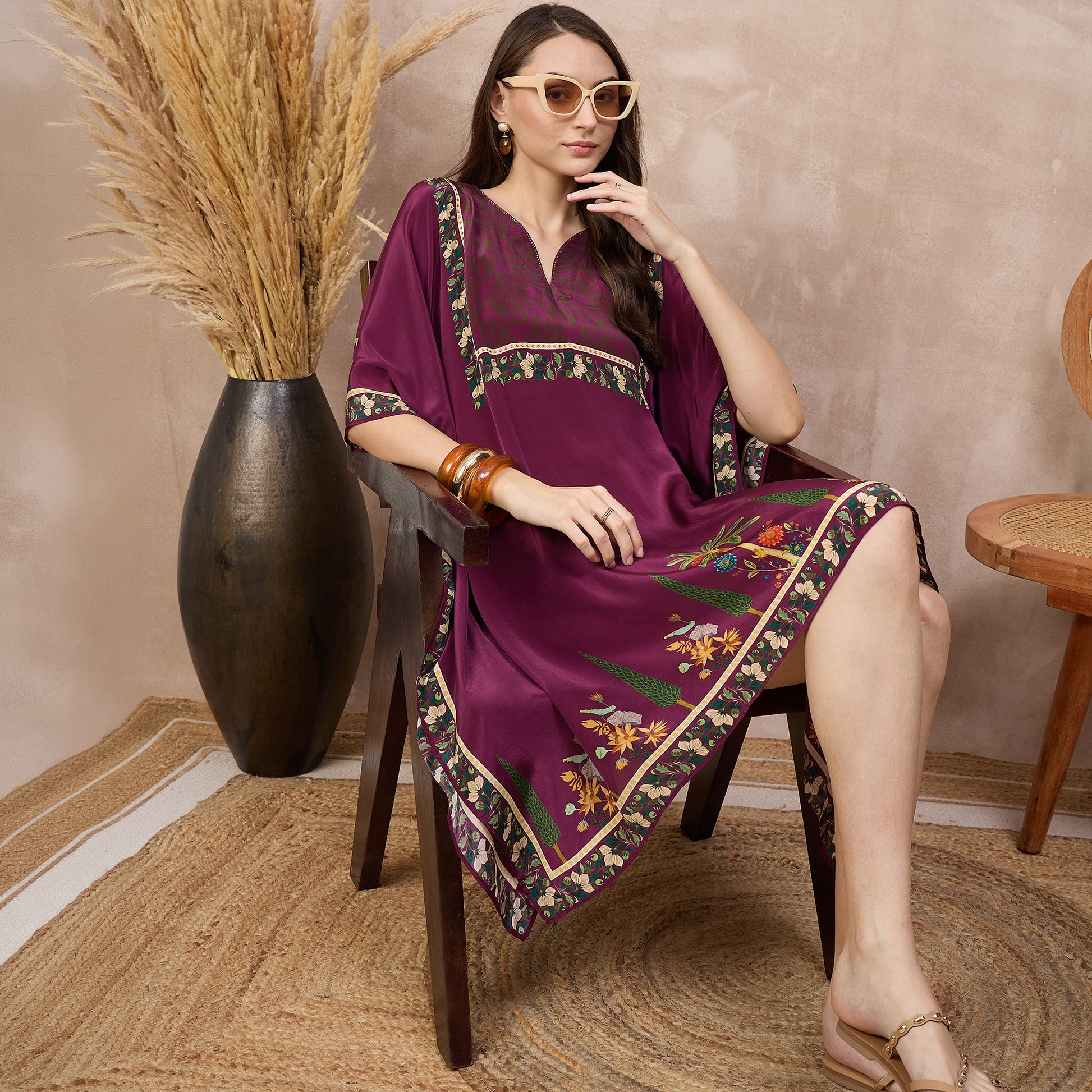 Magenta Floral Print Kaftan for Women – Viscose Crepe – Back View | First Resort by Ramola Bachchan