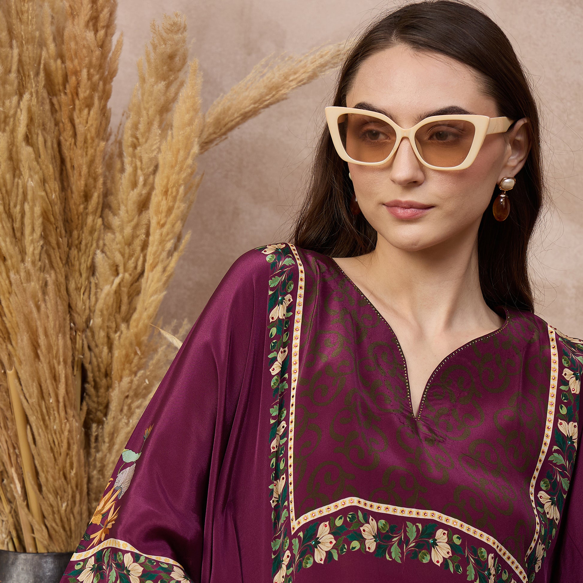 Magenta Floral Print Kaftan for Women – Viscose Crepe – Close Up | First Resort by Ramola Bachchan