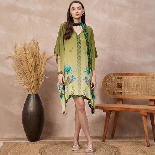 Green Marine Print Kaftan for Women – Viscose Crepe | First Resort by Ramola Bachchan